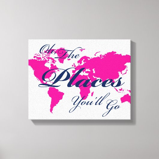 Navy und Hot Pink World Map Orte Sie werden Kunst  Leinwanddruck (Vorderseite)