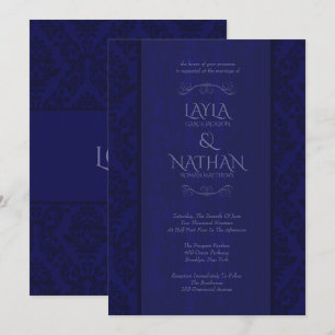 Navy- und königsblaue Damast-Hochzeitseinladungen Einladung