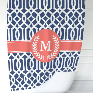 Navy und Koralle Marokkanischer Gitter Monogramm Duschvorhang
