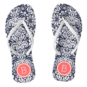 Navy und Korallen Blumen-Damaskus-Monogramm Badesandalen