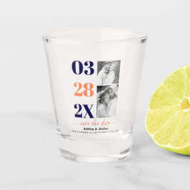 Navy und Korallen zwei Foto Save the Date Schnapsglas