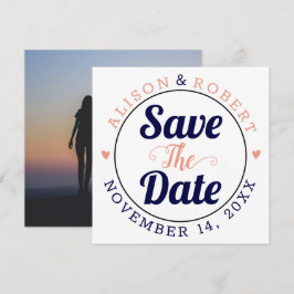 Navy- und Korallentypografie-Foto auf der Rückseit Save The Date