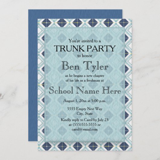 Navy und Light Blue Diamond Pattern Trunk Party Einladung (Vorne/Hinten)