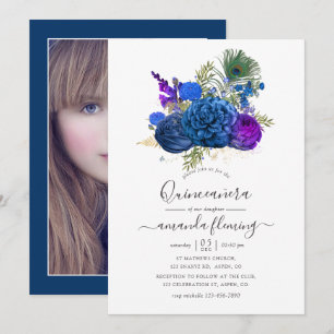 Navy und lila vintage Pfau floral Quinceañera Einladung