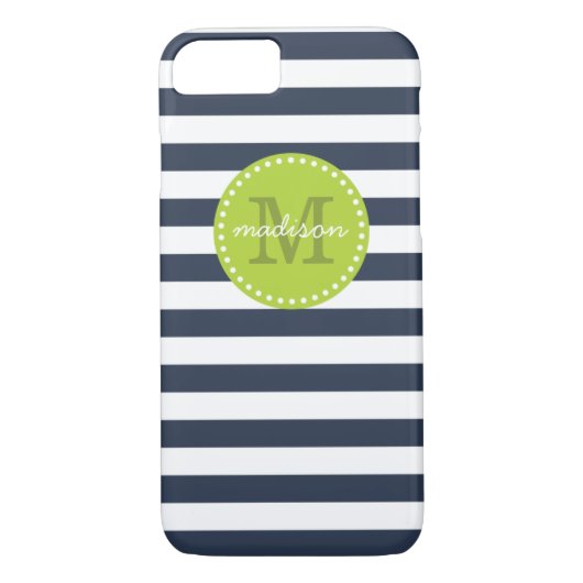 Navy und Lime Green Preppy Strips Custom Monogram Case-Mate iPhone Hülle (Rückseite)