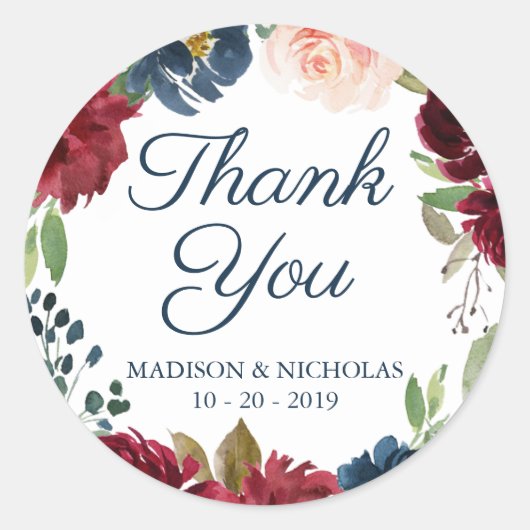 Navy und Marsala Floral Wedding Stickers Vielen Da (Vorderseite)