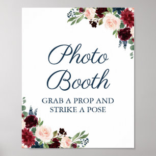 Navy und Marsala Florales Hochzeits-Fotobooth-Schi Poster
