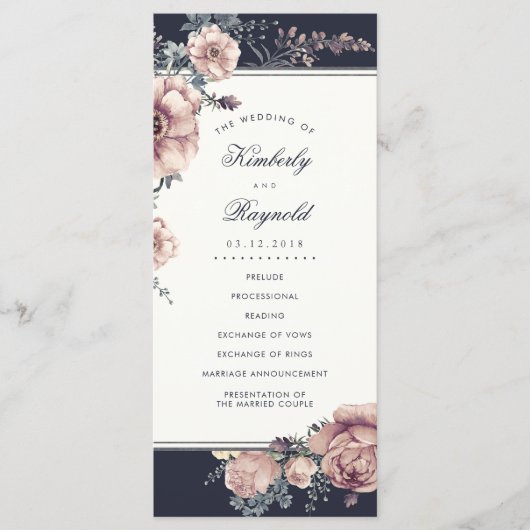 Navy- und Mauve-Blumen-Aquarell-Hochzeitsprogramme Programm (Vorderseite)