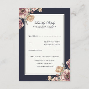 Navy und Mauve Blumen Elegante Vintage Hochzeit RS RSVP Karte