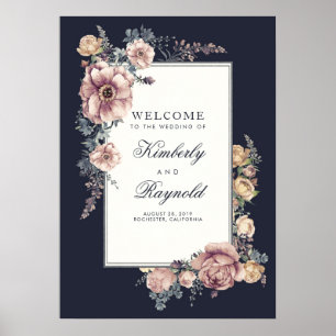 Navy- und Mauve-Blumen Hochzeits-Willkommensschild Poster