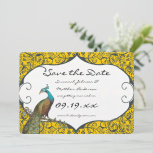 Navy und Mustard Peacock Love Bird Save the Date Einladung