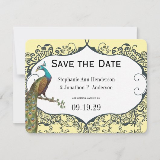 Navy und Mustard Peacock Love Bird Save the Date Einladung (Vorderseite)