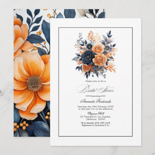 Navy- und Orange-Aquarell-Blumen-Brautparty Einladung