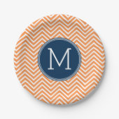 Navy und Orange Chevrons mit Custom Monogram Pappteller (Vorderseite)