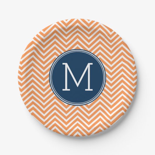 Navy und Orange Chevrons mit Custom Monogram Pappteller (Vorderseite)