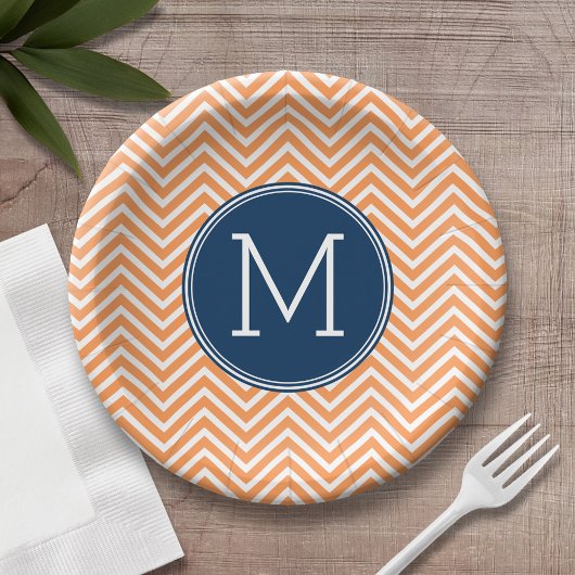Navy und Orange Chevrons mit Custom Monogram Pappteller
