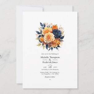 Navy- und orangefarbene Hochzeit mit Blumen Einladung