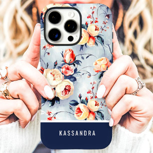 Navy und Peach Individuelle Name Floral iPhone 16 Pro Max Hülle