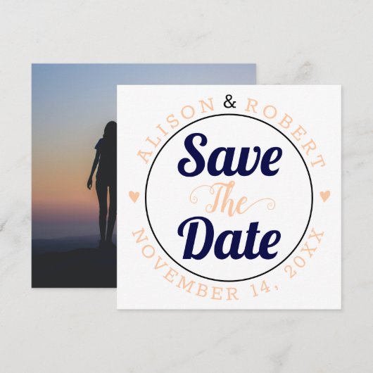 Navy und Pfirsichtypografisches Foto auf der Rücks Save The Date (Vorne/Hinten)