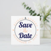 Navy und Pfirsichtypografisches Foto auf der Rücks Save The Date (Stehend Vorderseite)