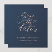 Navy- und Pink-Blattquadrat Save the Date Einladung (Vorne/Hinten)