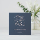 Navy- und Pink-Blattquadrat Save the Date Einladung (Stehend Vorderseite)