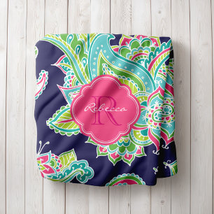 Navy und Pink Boho Paisley Mit Monogramm Fleecedecke
