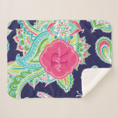 Navy und Pink Boho Paisley Mit Monogramm Sherpadecke (Vorderseite (Horizontal))