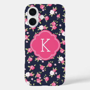 Navy und Pink Chic Vintage Blumenprint Monogramm iPhone 16 Hülle