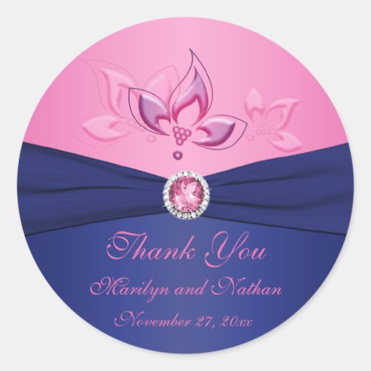 Navy und Pink Floral 3" Runde Dankeschön Sticker (Vorderseite)