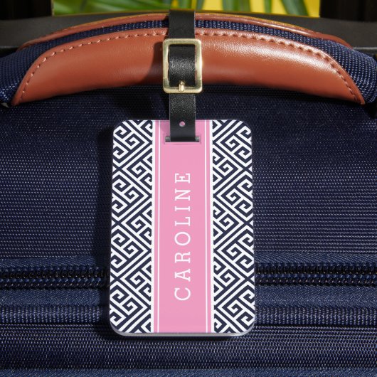 Navy und Pink Griechisch Key Custom Monogram Gepäckanhänger (Vorderseite Insitu 2)
