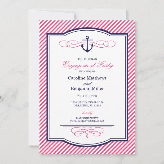 Navy und Pink Nautical Anchor Engagement Party Einladung (Vorderseite)
