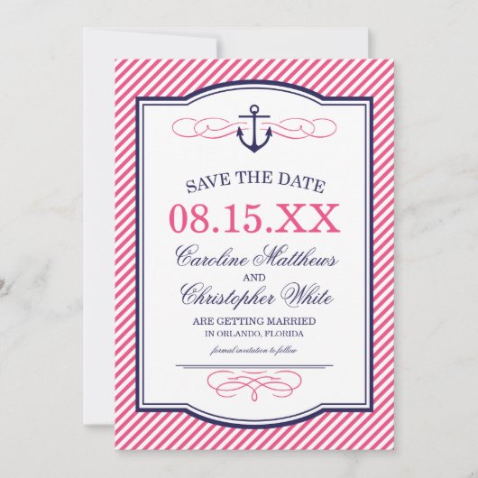 Navy und Pink Nautical Anchor Save the Date (Vorderseite)