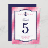 Navy und Pink Nautical Wedding Tischnummer Cards (Vorne/Hinten)