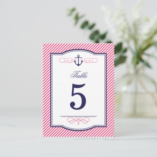 Navy und Pink Nautical Wedding Tischnummer Cards (Stehend Vorderseite)