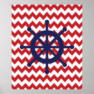 Navy und Red Zickzack Nautical Ship Wheel Poster