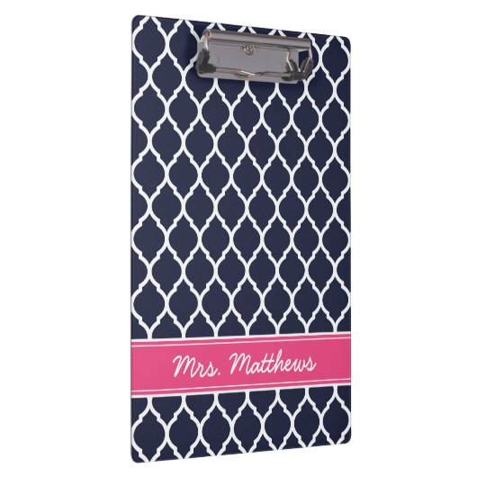 Navy und rosa Quatrefolie Custom Monogram Klemmbrett (Rechts)