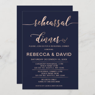 Navy und Rose Gold Elegantes Script Probe Dinner Einladung