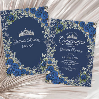 Navy- und Royalblau Quinceañera Silberner Schmette Einladung