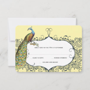 Navy- und Senfgelb-Pfauen-Liebesvogel-Muster-Hochz RSVP Karte