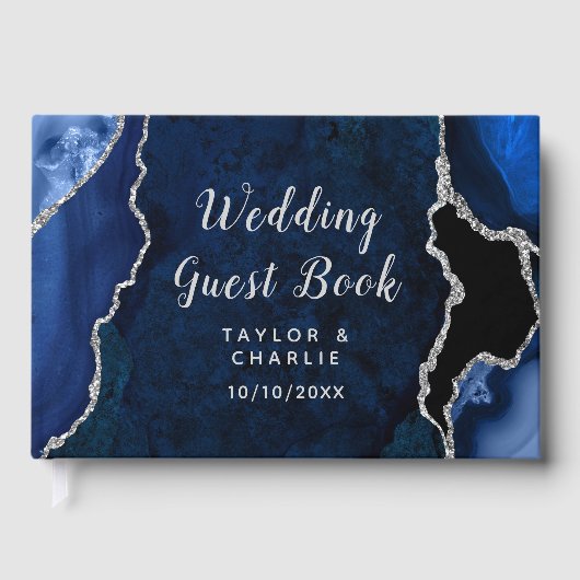 Navy und Silber Achat-Marmor-Hochzeit Gästebuch (Vorderseite)