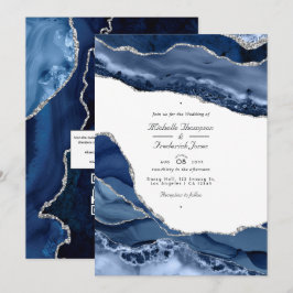 Navy- und Silber-Achat-QR-Code-RSVP-Hochzeit Einladung