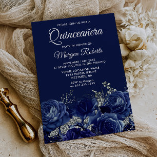Navy- und Silber-Blumen-Quinceanera-Party Einladung