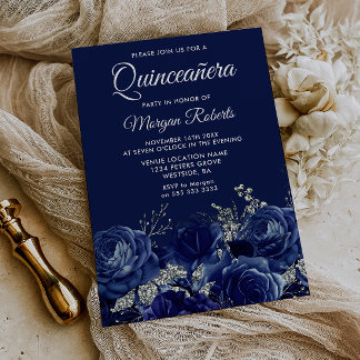 Navy- und Silber-Blumen-Quinceanera-Party Einladung