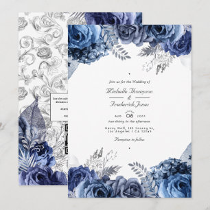 Navy und Silber Faux-Folie Blumenhochzeit QR-Code Einladung