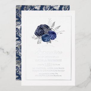 Navy und Silber Floral Quinceañera Folieneinladung