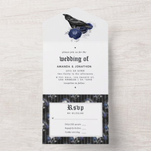Navy- und silberne gotische Blumenhochzeit All In One Einladung