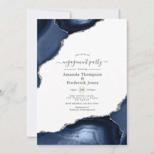 Navy und Silver Agate Engagement Party Einladung (Vorderseite)