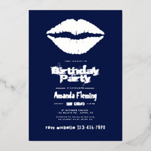 Navy und Silver Birthday Kiss Lips Folieneinladung