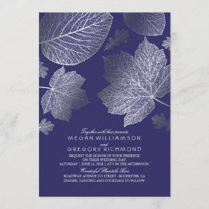 Navy und Silver Blätter Vintage Hochzeit im Herbst Einladung